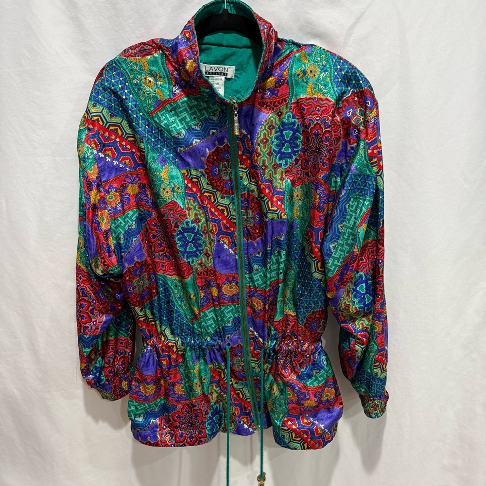 Lavon Petites PM Vintage Windbreaker Jacket Festival Retro Patchwork Print Event